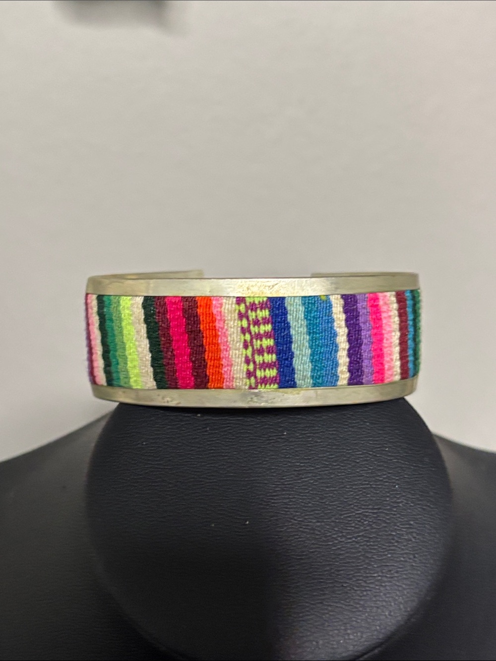 Colorful Silver Tone Woven Stripe Cuff Bracelet - Multicolor